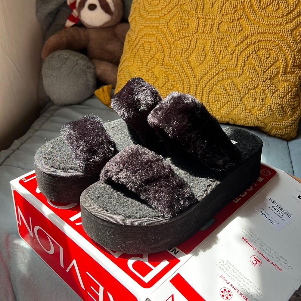 Y2K Soda Black Fur Mule Sandal Platform Wedge